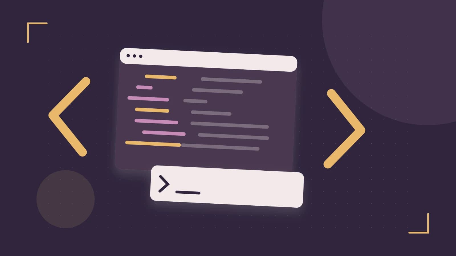 Editorial illustration of an abstract code editor, syntax blocks and oversized programming brackets