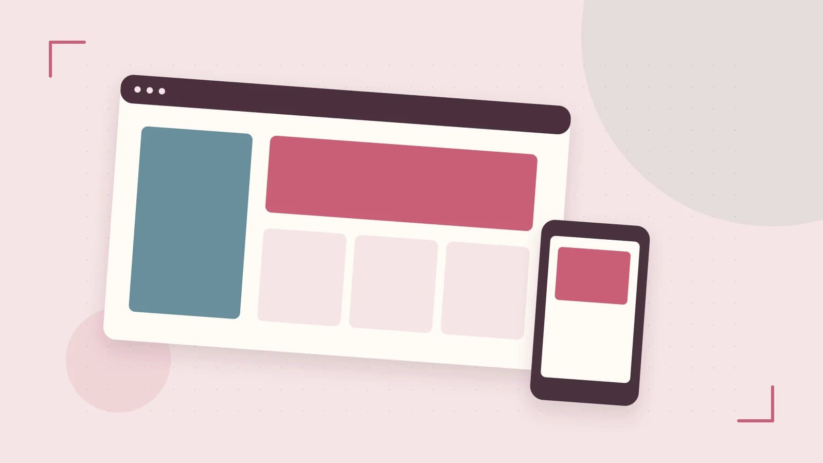 Editorial illustration of responsive browser layouts, overlapping design components and a color system