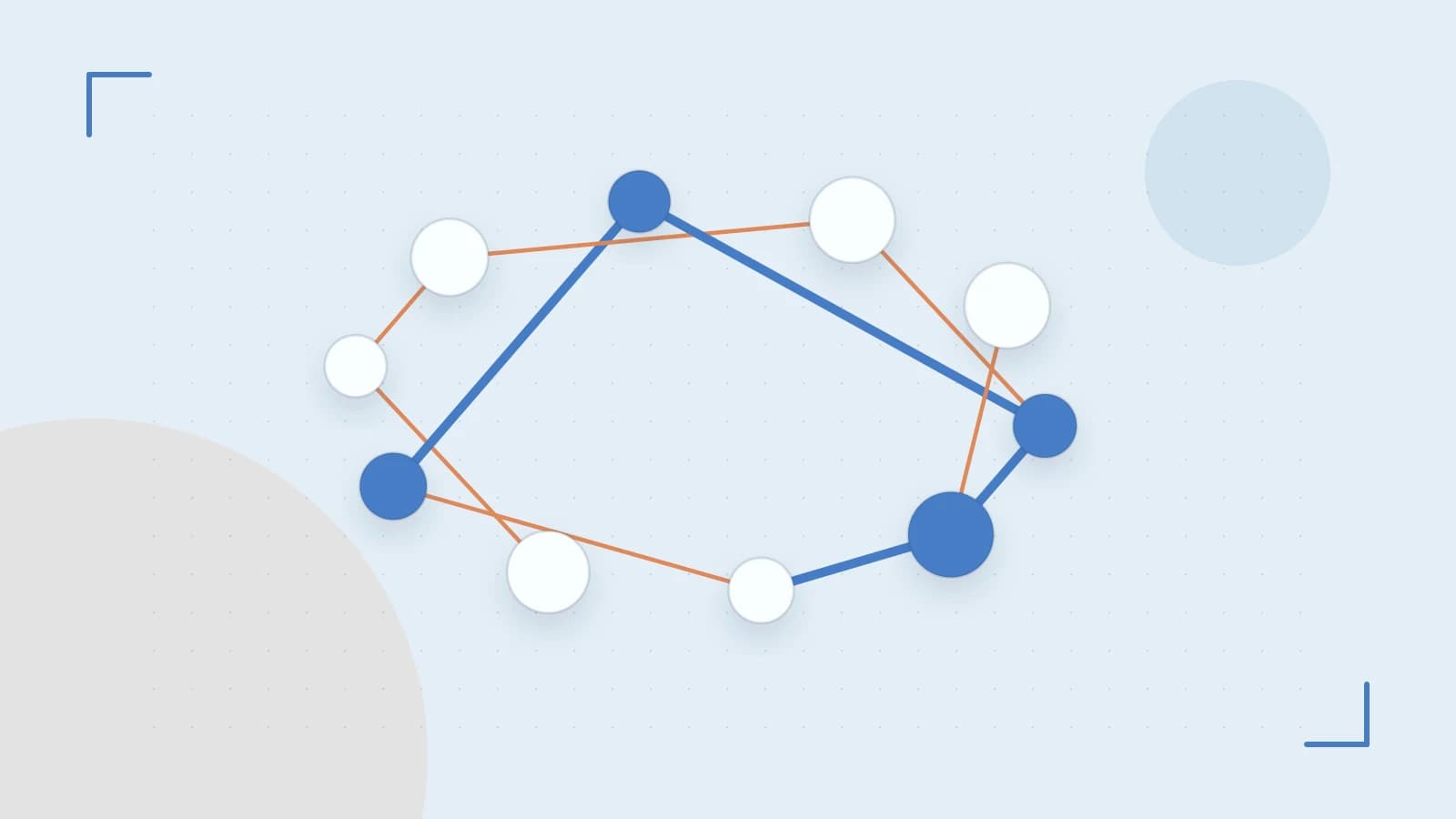 Editorial illustration of an algorithmic node graph with branching paths and a highlighted result
