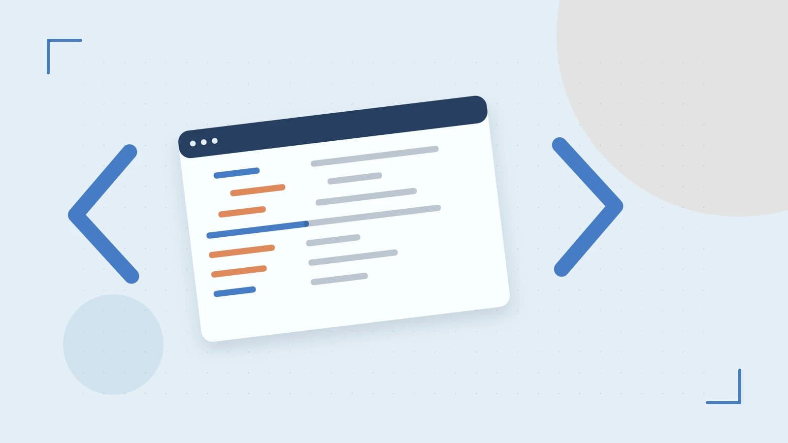 Editorial illustration of an abstract code editor, syntax blocks and oversized programming brackets