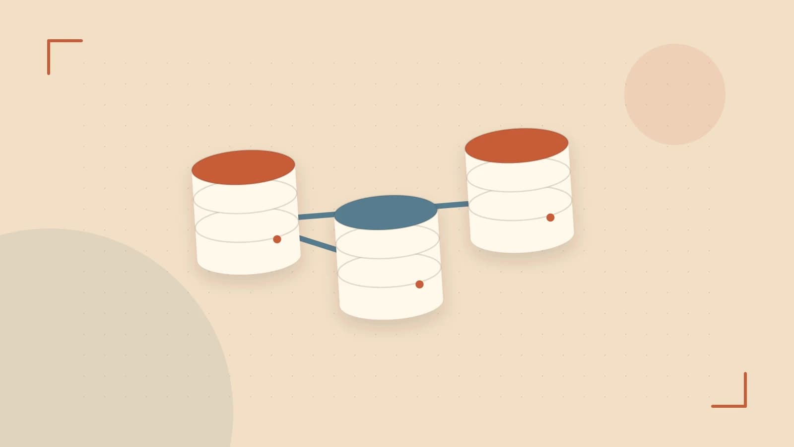 Editorial illustration of structured records, database cylinders and relationships between tables