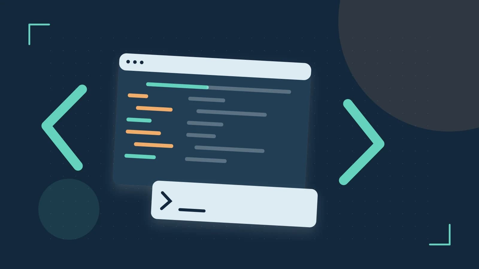 Editorial illustration of an abstract code editor, syntax blocks and oversized programming brackets