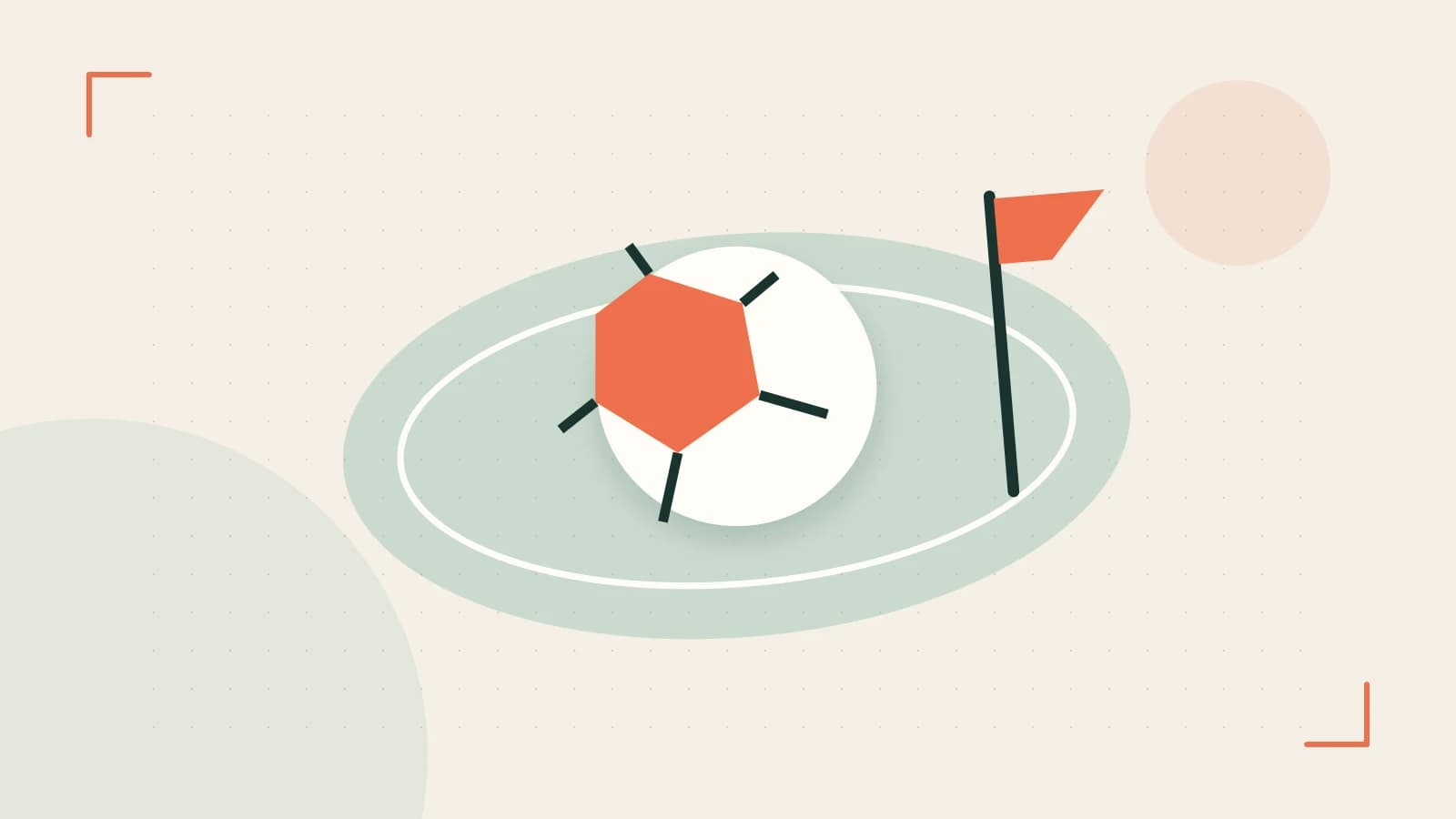 Editorial illustration of a stylized sports ball, stadium geometry and dynamic arcs
