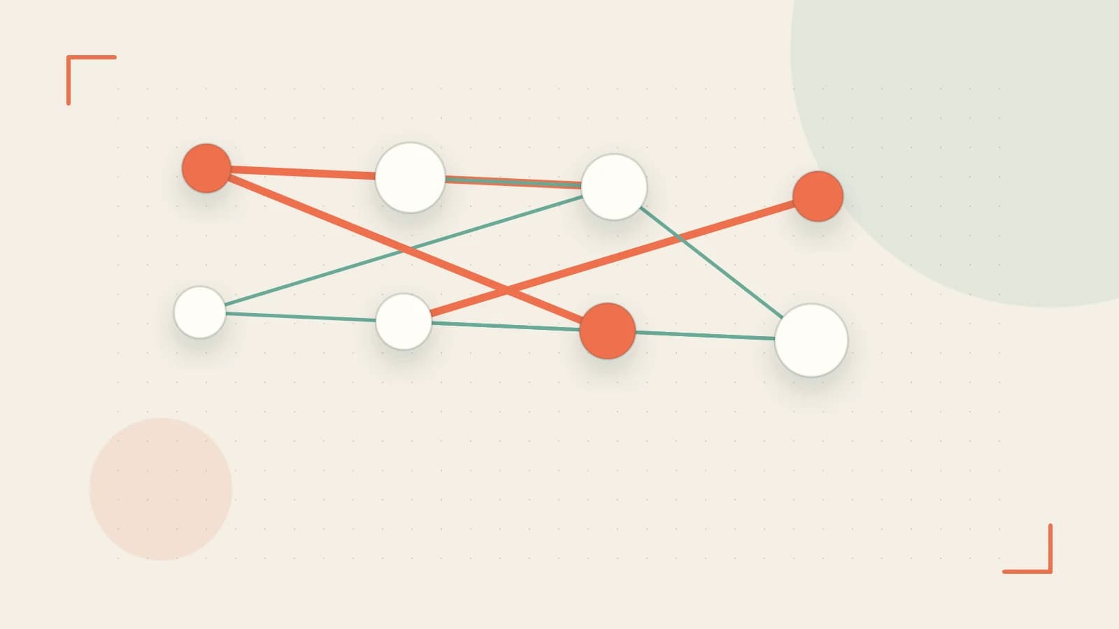 Editorial illustration of an algorithmic node graph with branching paths and a highlighted result