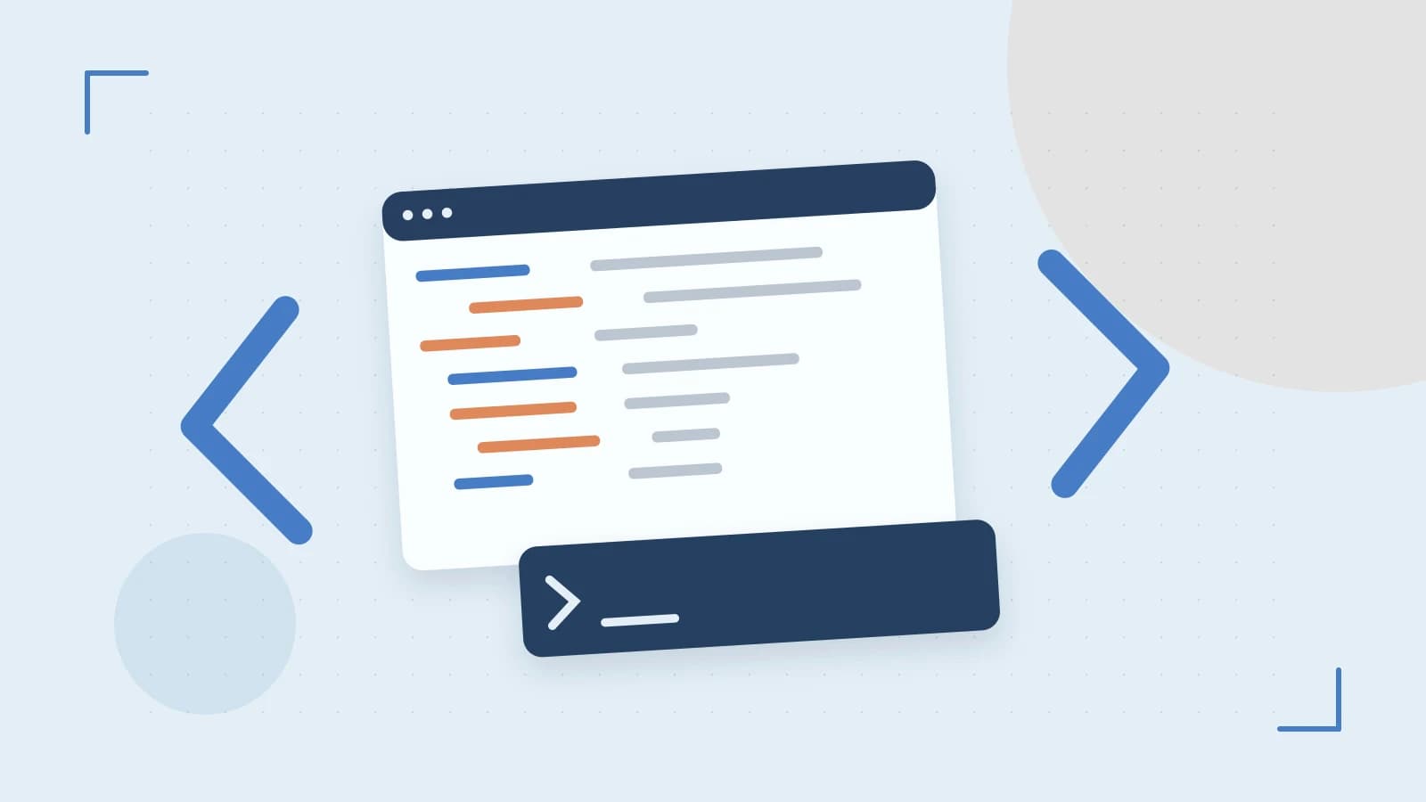 Editorial illustration of an abstract code editor, syntax blocks and oversized programming brackets