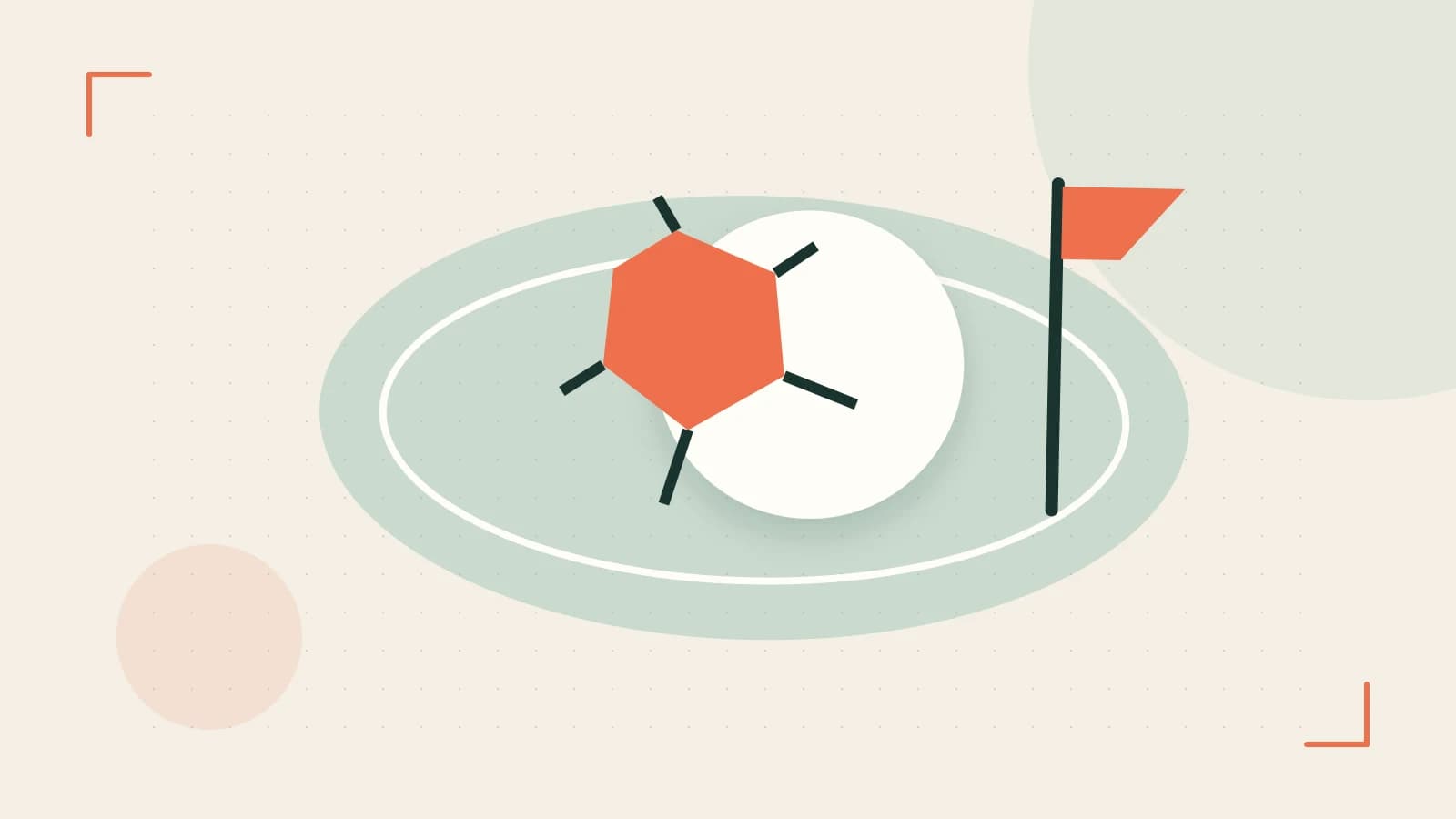 Editorial illustration of a stylized sports ball, stadium geometry and dynamic arcs