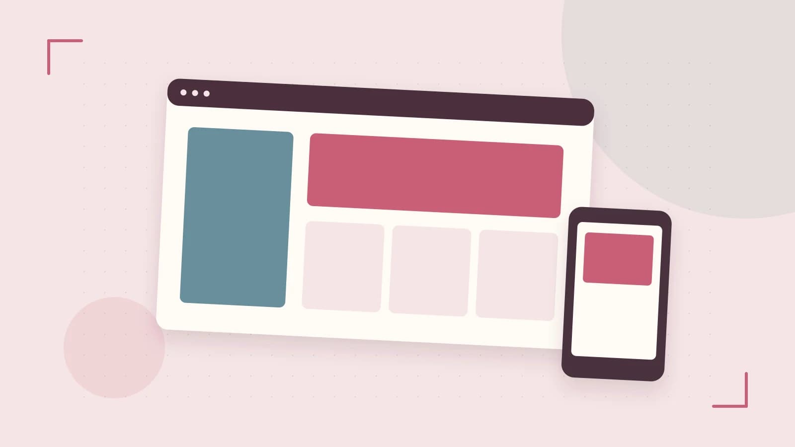 Editorial illustration of responsive browser layouts, overlapping design components and a color system