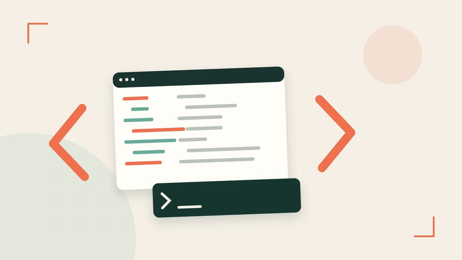 Editorial illustration of an abstract code editor, syntax blocks and oversized programming brackets