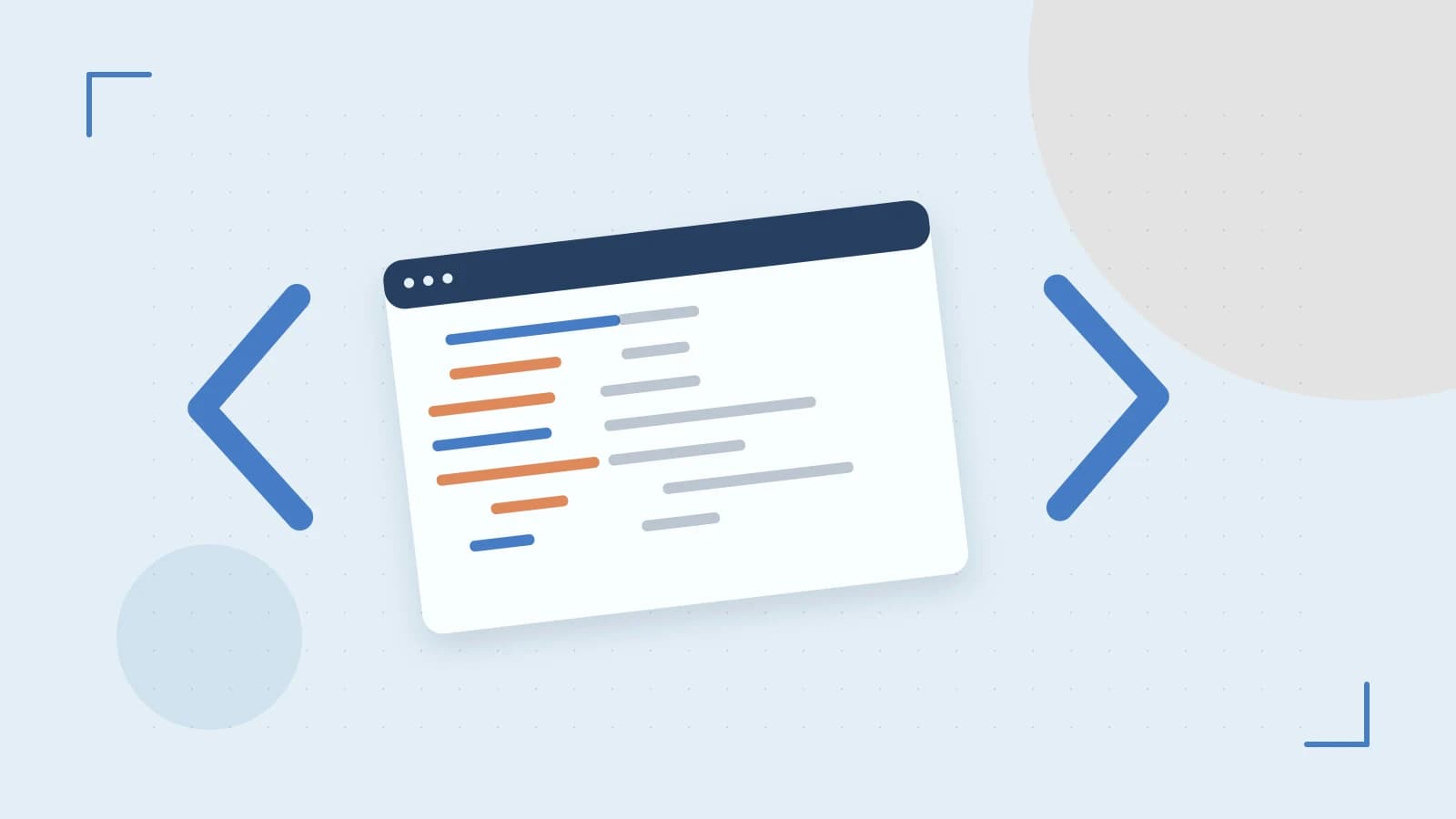 Editorial illustration of an abstract code editor, syntax blocks and oversized programming brackets