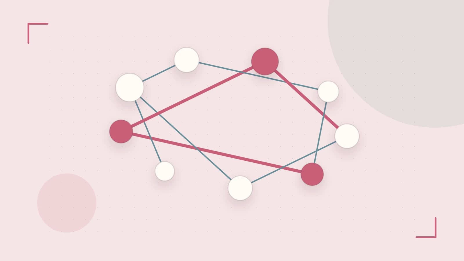 Editorial illustration of an algorithmic node graph with branching paths and a highlighted result