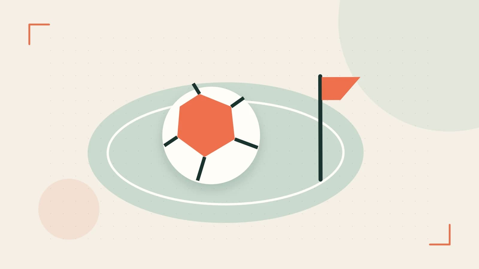 Editorial illustration of a stylized sports ball, stadium geometry and dynamic arcs