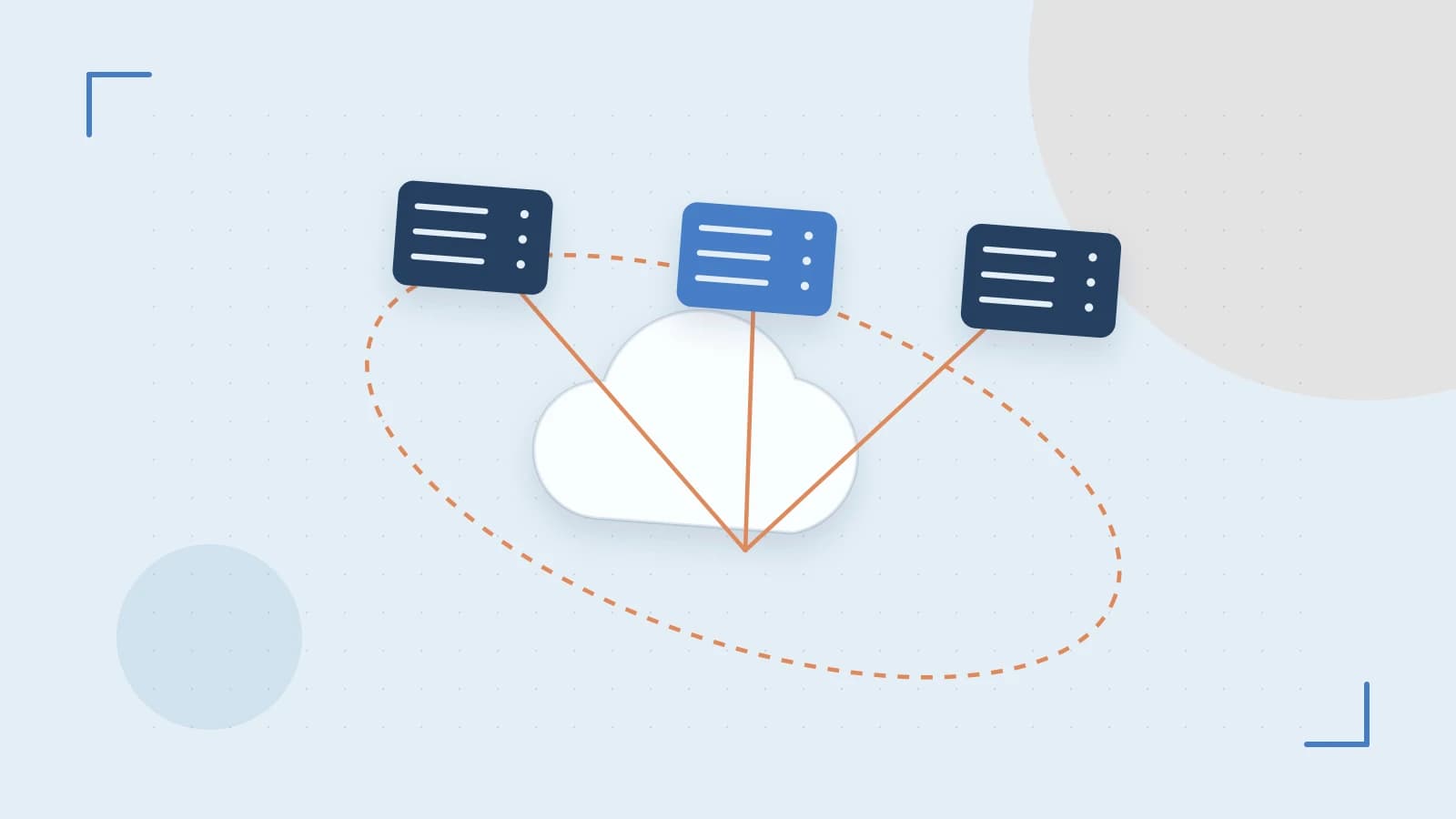 Editorial illustration of cloud infrastructure, connected server racks and an orbital service map