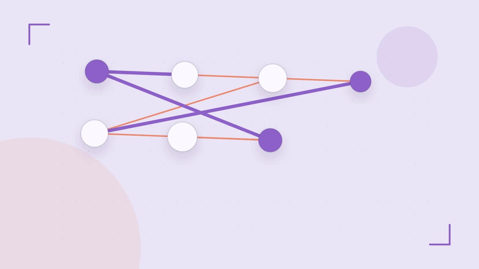 Editorial illustration of an algorithmic node graph with branching paths and a highlighted result