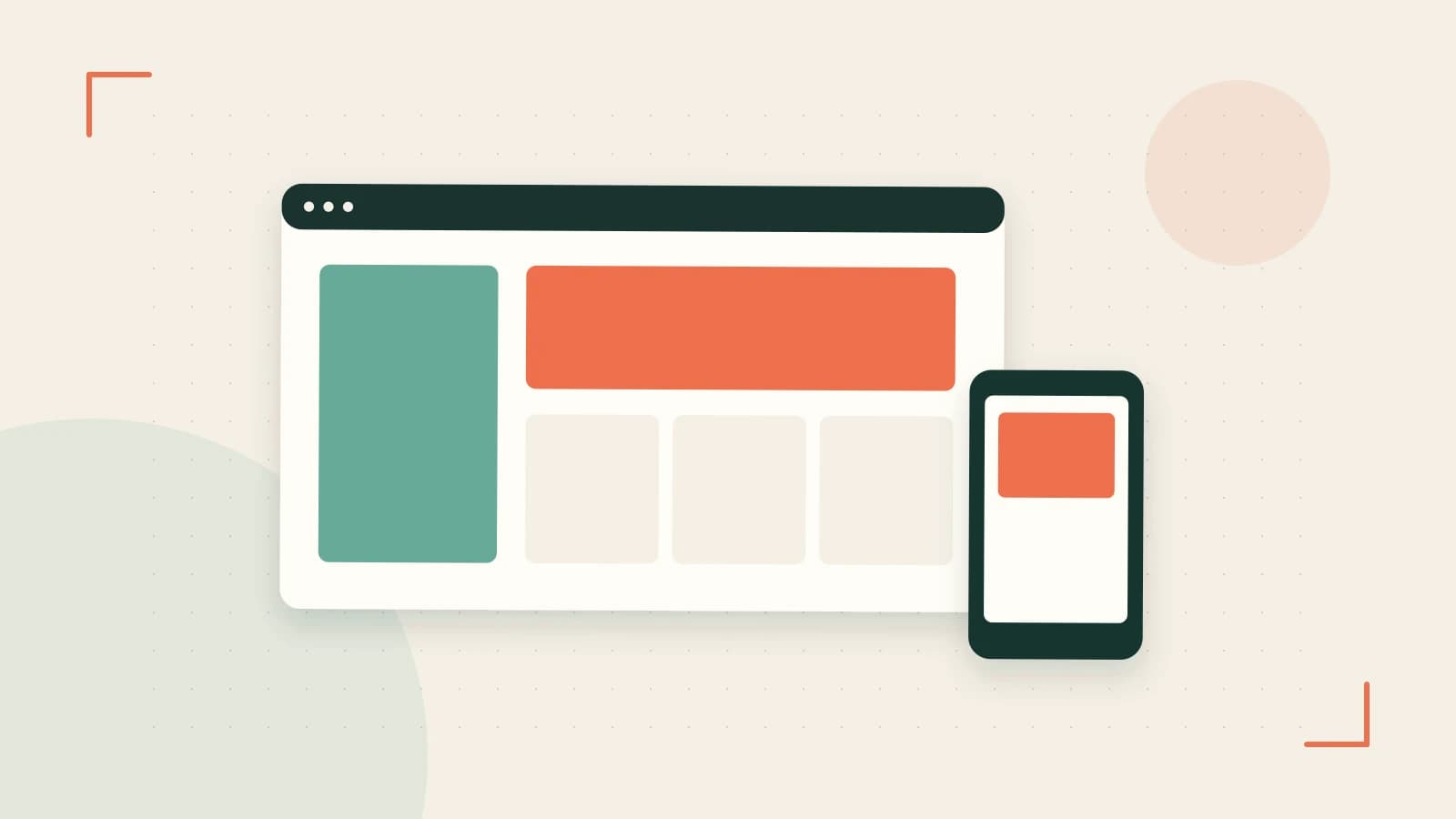 Editorial illustration of responsive browser layouts, overlapping design components and a color system