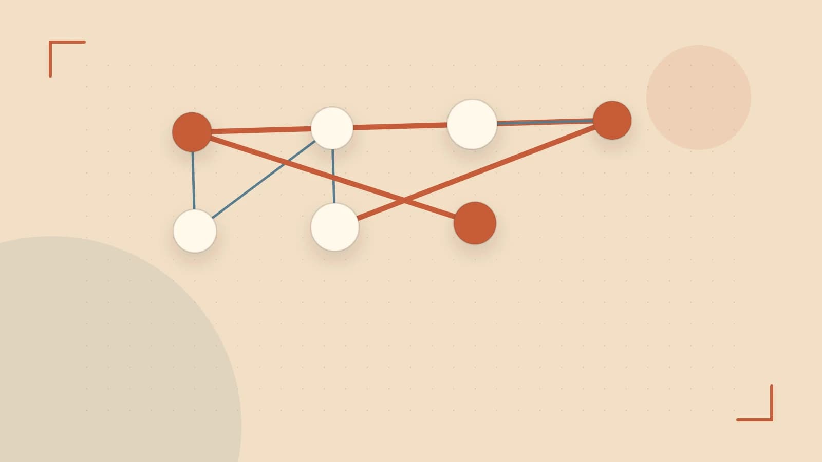 Editorial illustration of an algorithmic node graph with branching paths and a highlighted result