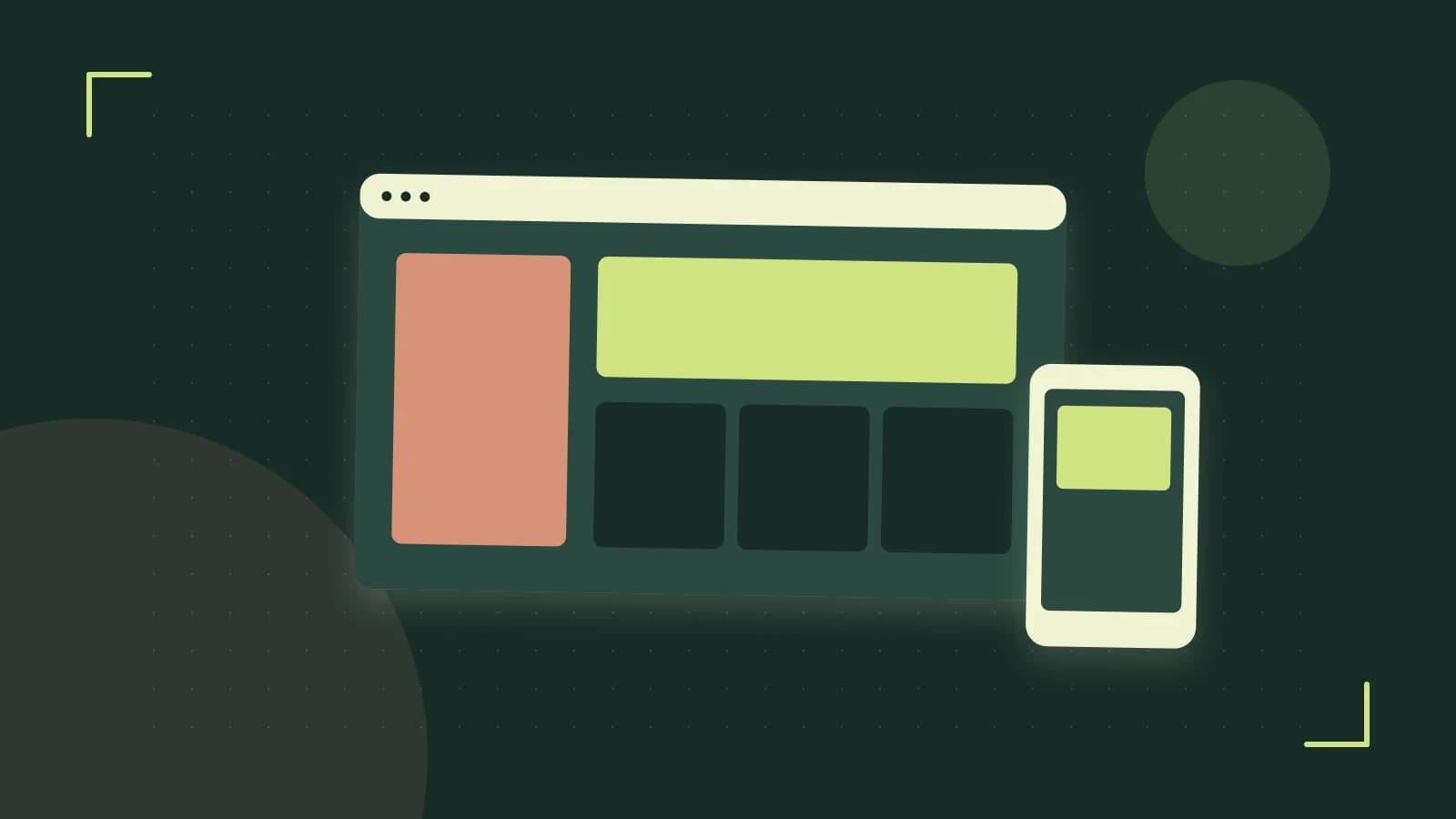 Editorial illustration of responsive browser layouts, overlapping design components and a color system