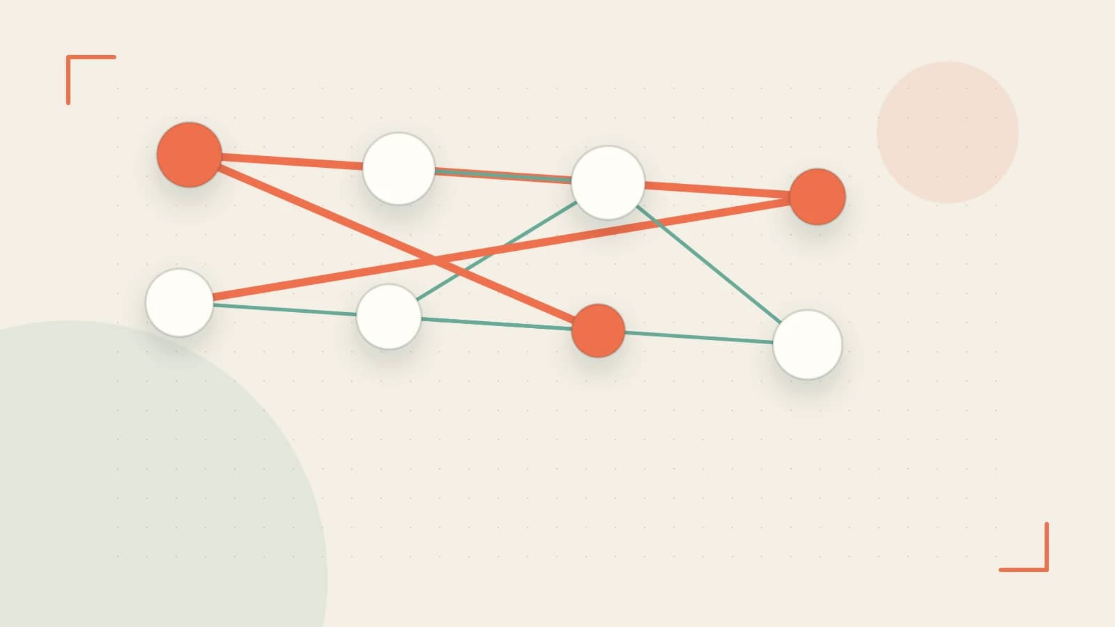 Editorial illustration of an algorithmic node graph with branching paths and a highlighted result