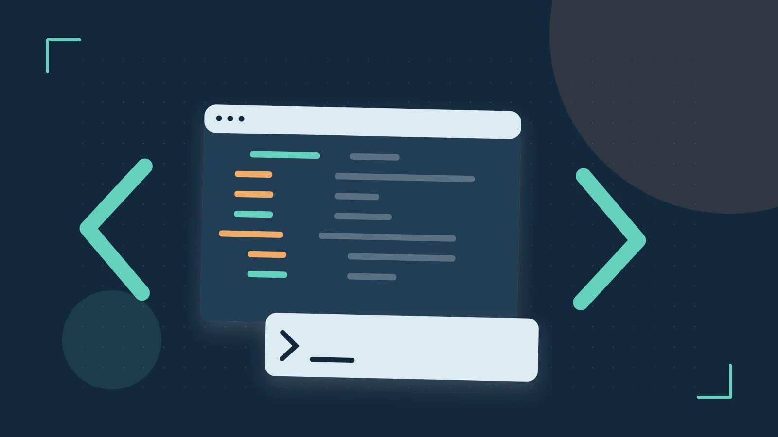 Editorial illustration of an abstract code editor, syntax blocks and oversized programming brackets