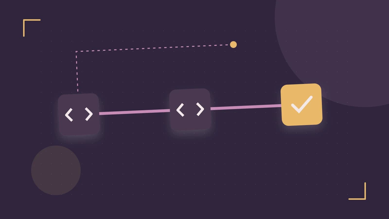 Editorial illustration of a branching build pipeline, staged transformations and a completed check