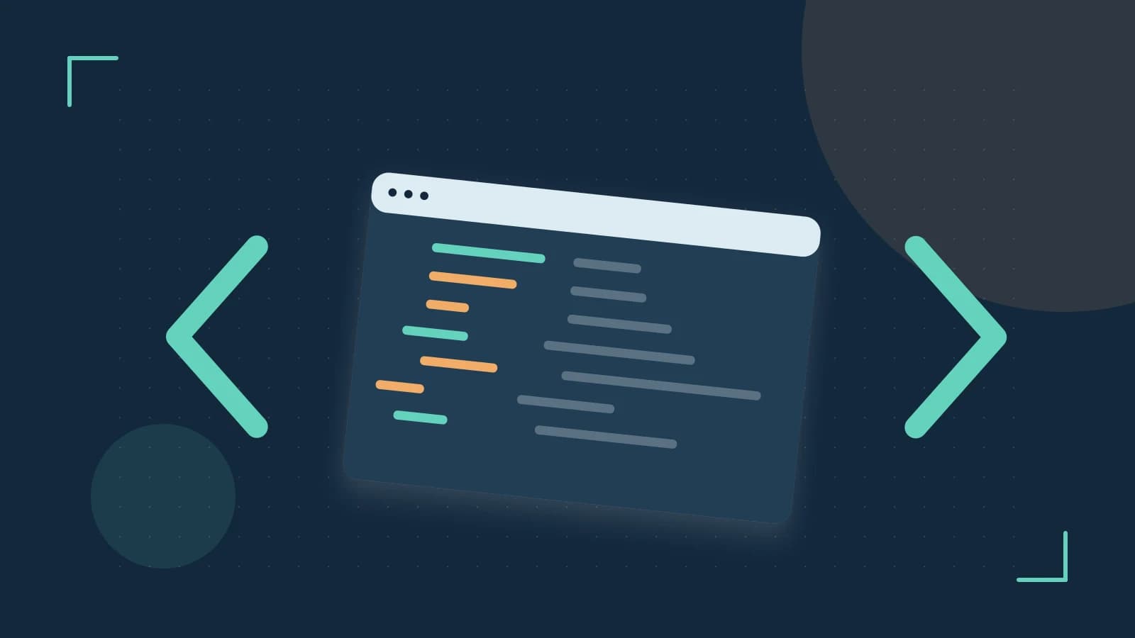 Editorial illustration of an abstract code editor, syntax blocks and oversized programming brackets