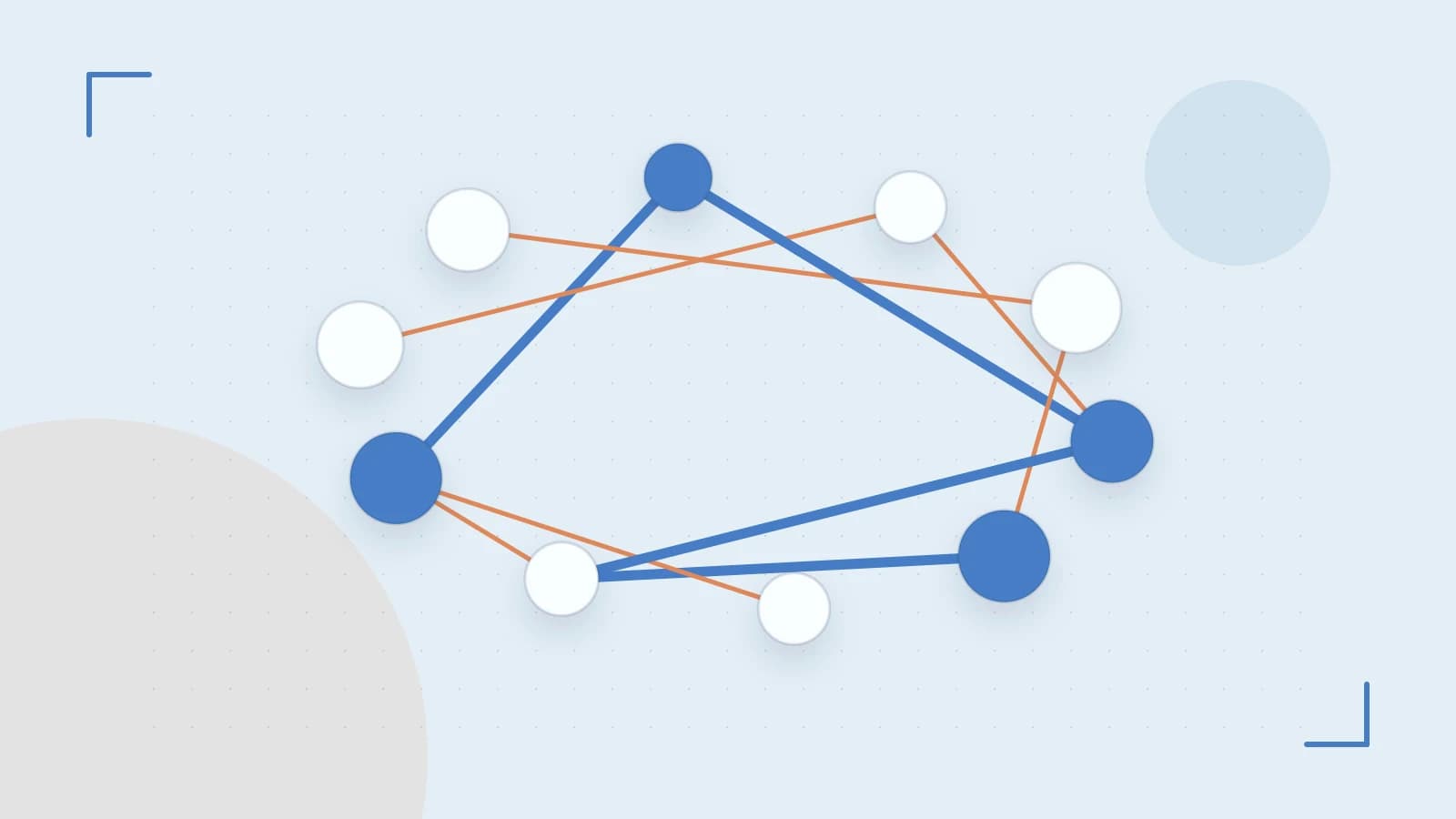 Editorial illustration of an algorithmic node graph with branching paths and a highlighted result