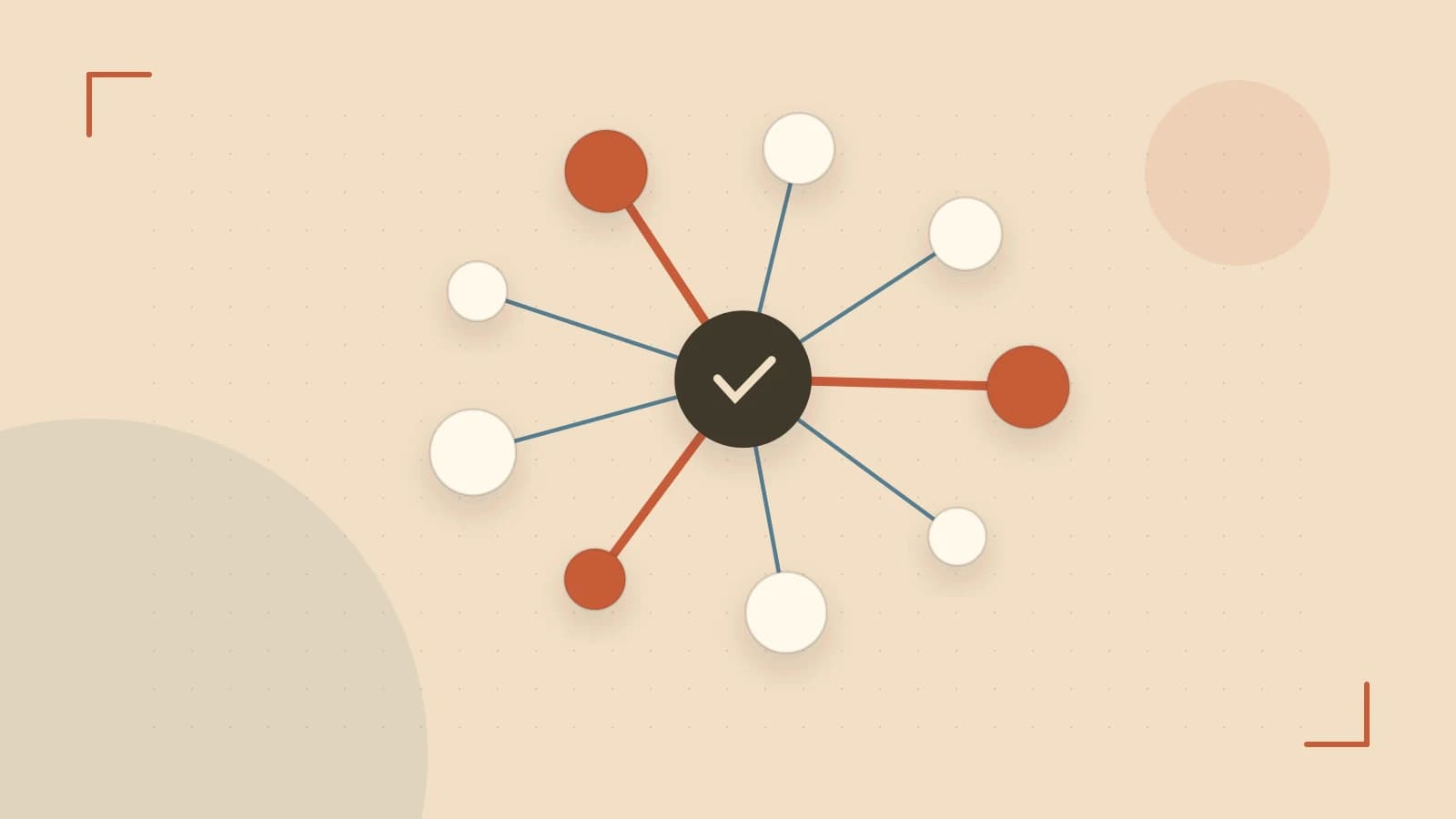 Editorial illustration of an algorithmic node graph with branching paths and a highlighted result