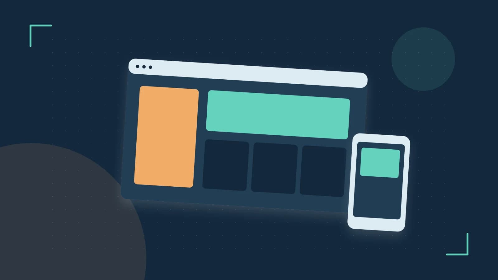 Editorial illustration of responsive browser layouts, overlapping design components and a color system