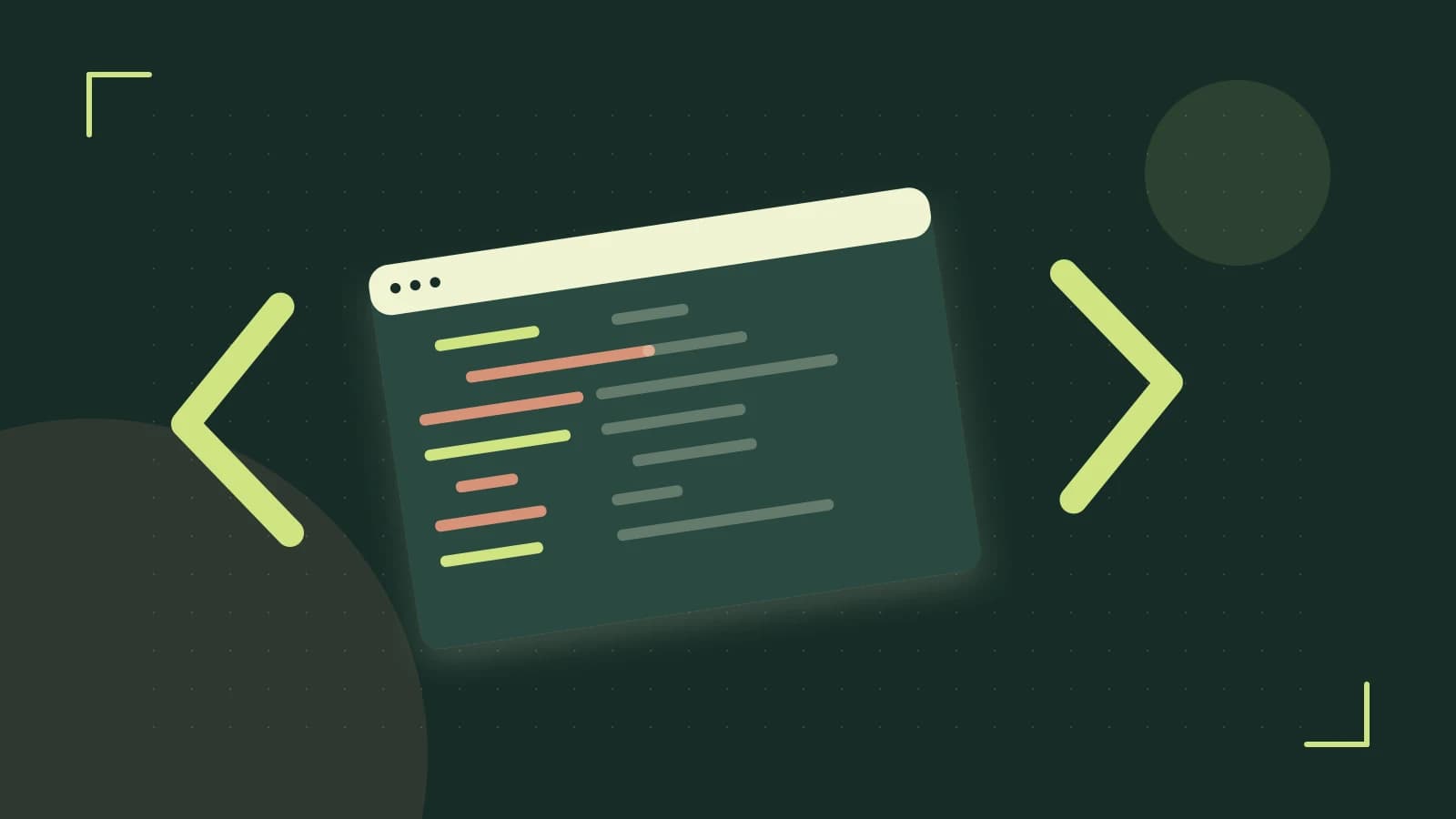 Editorial illustration of an abstract code editor, syntax blocks and oversized programming brackets