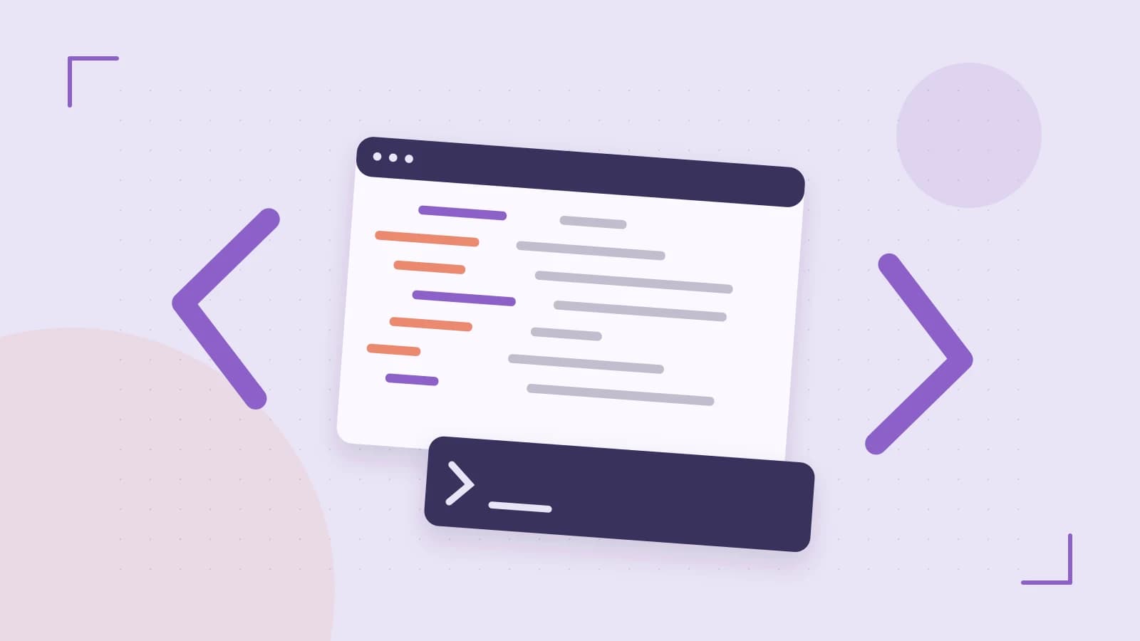 Editorial illustration of an abstract code editor, syntax blocks and oversized programming brackets