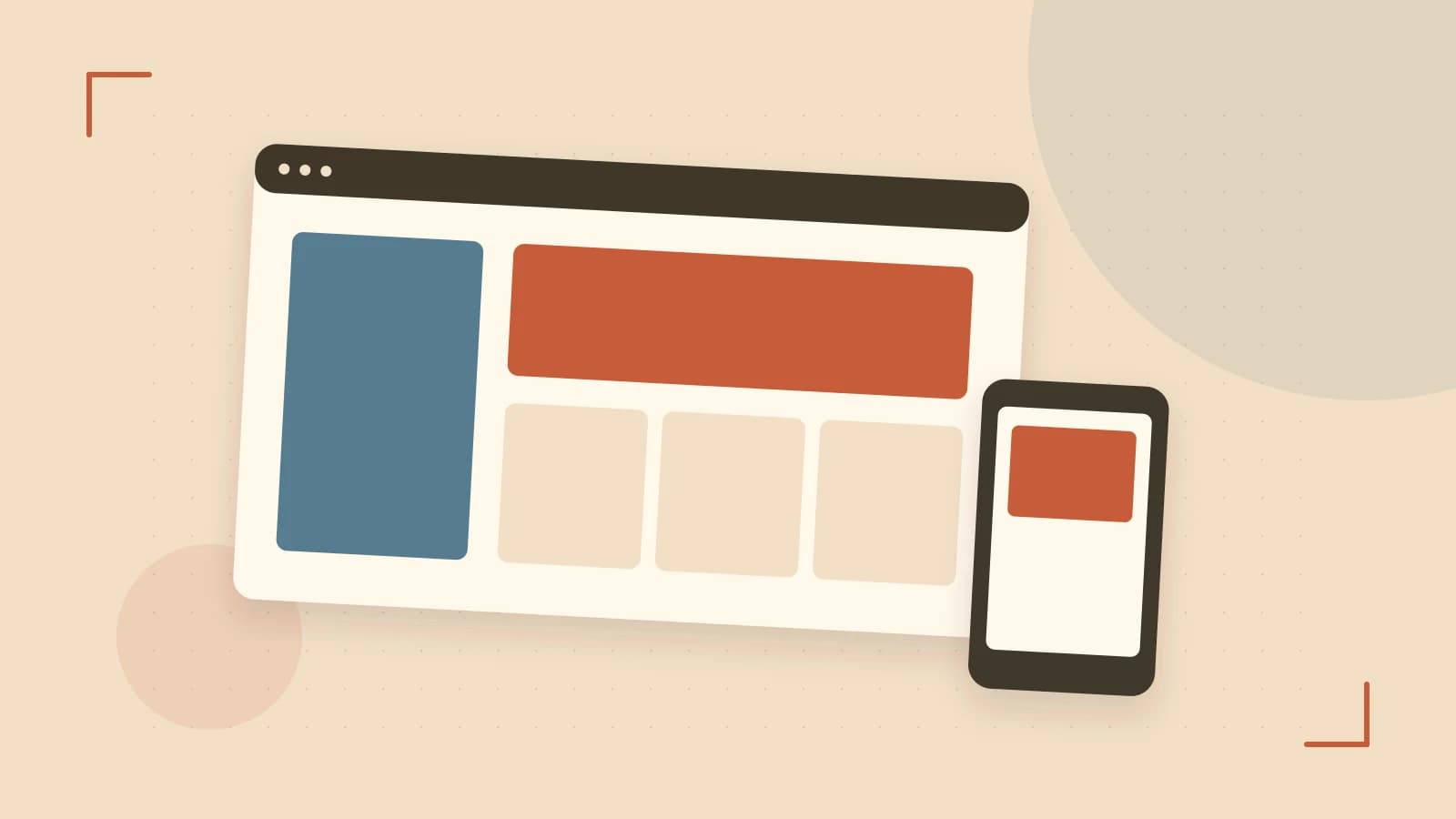 Editorial illustration of responsive browser layouts, overlapping design components and a color system