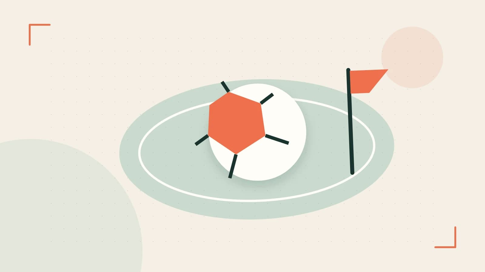 Editorial illustration of a stylized sports ball, stadium geometry and dynamic arcs