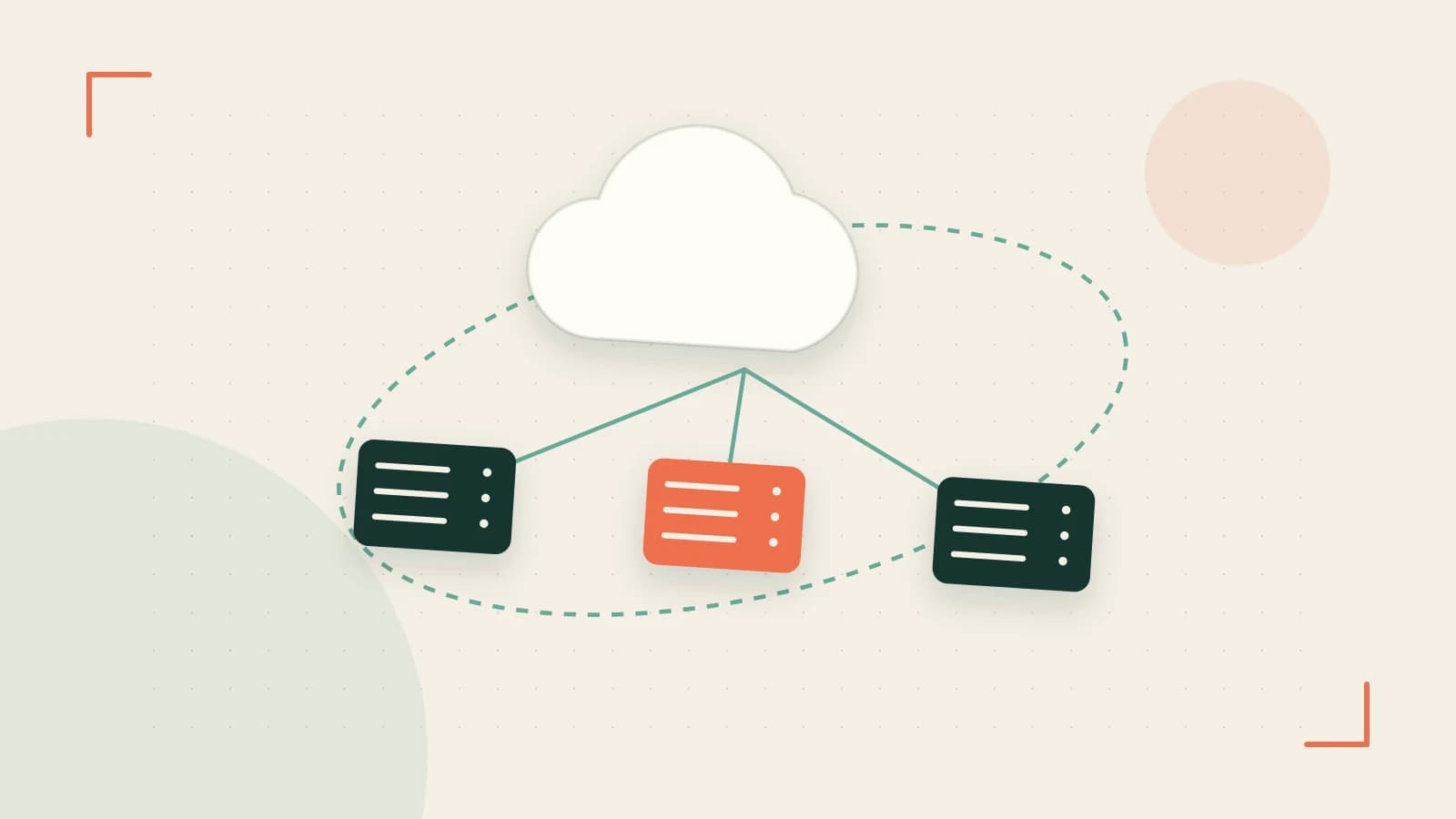 Editorial illustration of cloud infrastructure, connected server racks and an orbital service map