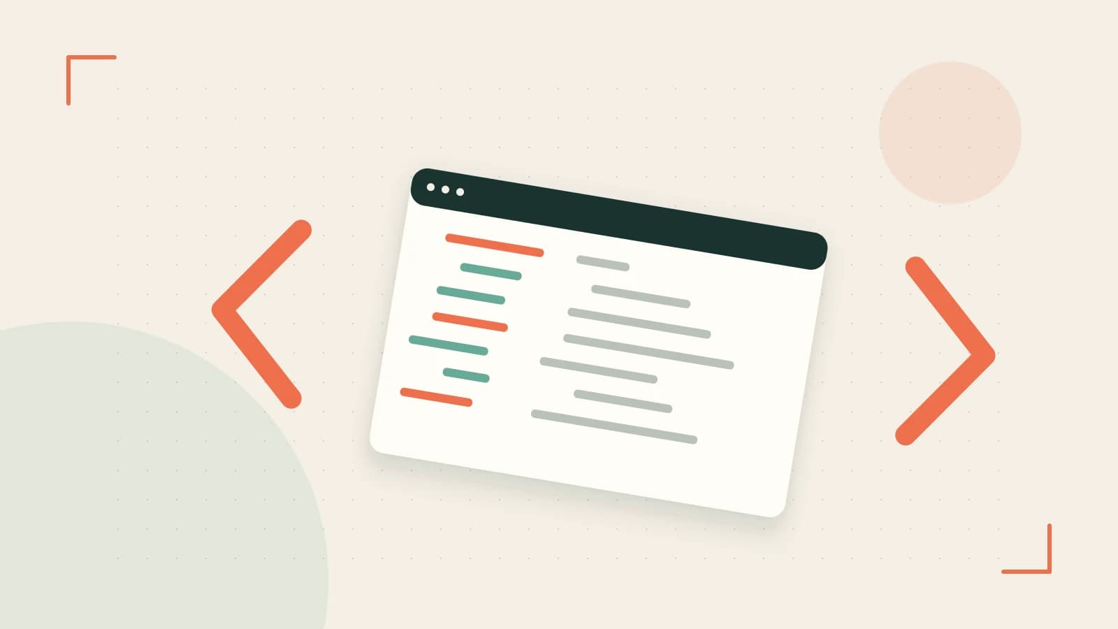 Editorial illustration of an abstract code editor, syntax blocks and oversized programming brackets