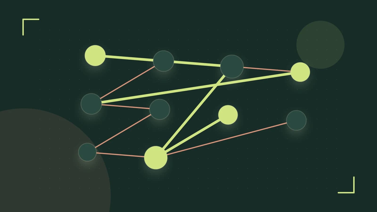 Editorial illustration of an algorithmic node graph with branching paths and a highlighted result