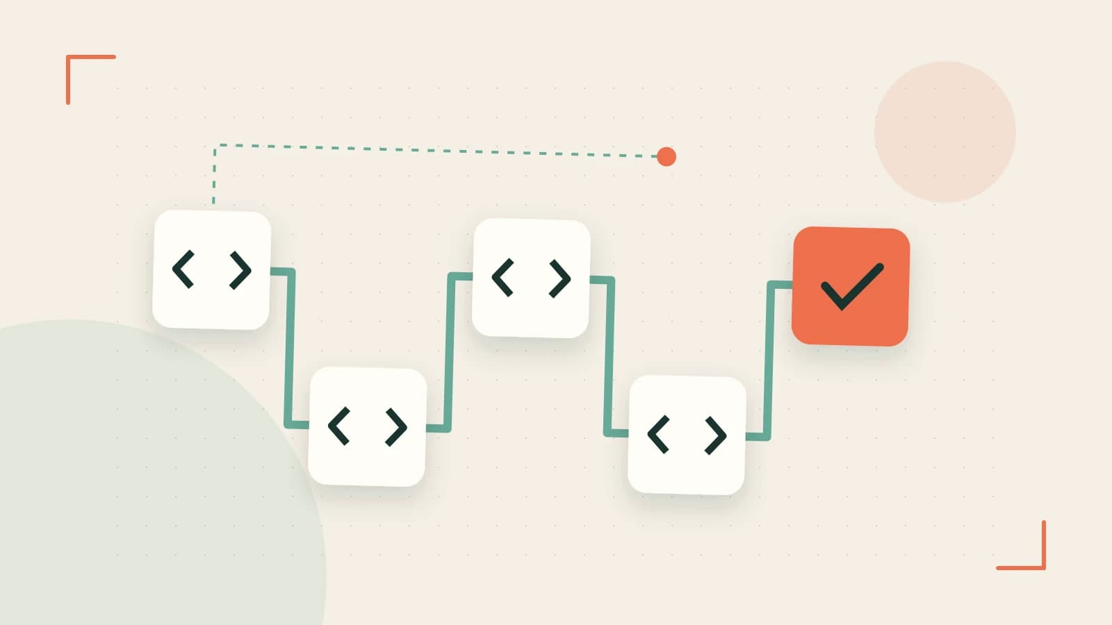 Editorial illustration of a branching build pipeline, staged transformations and a completed check