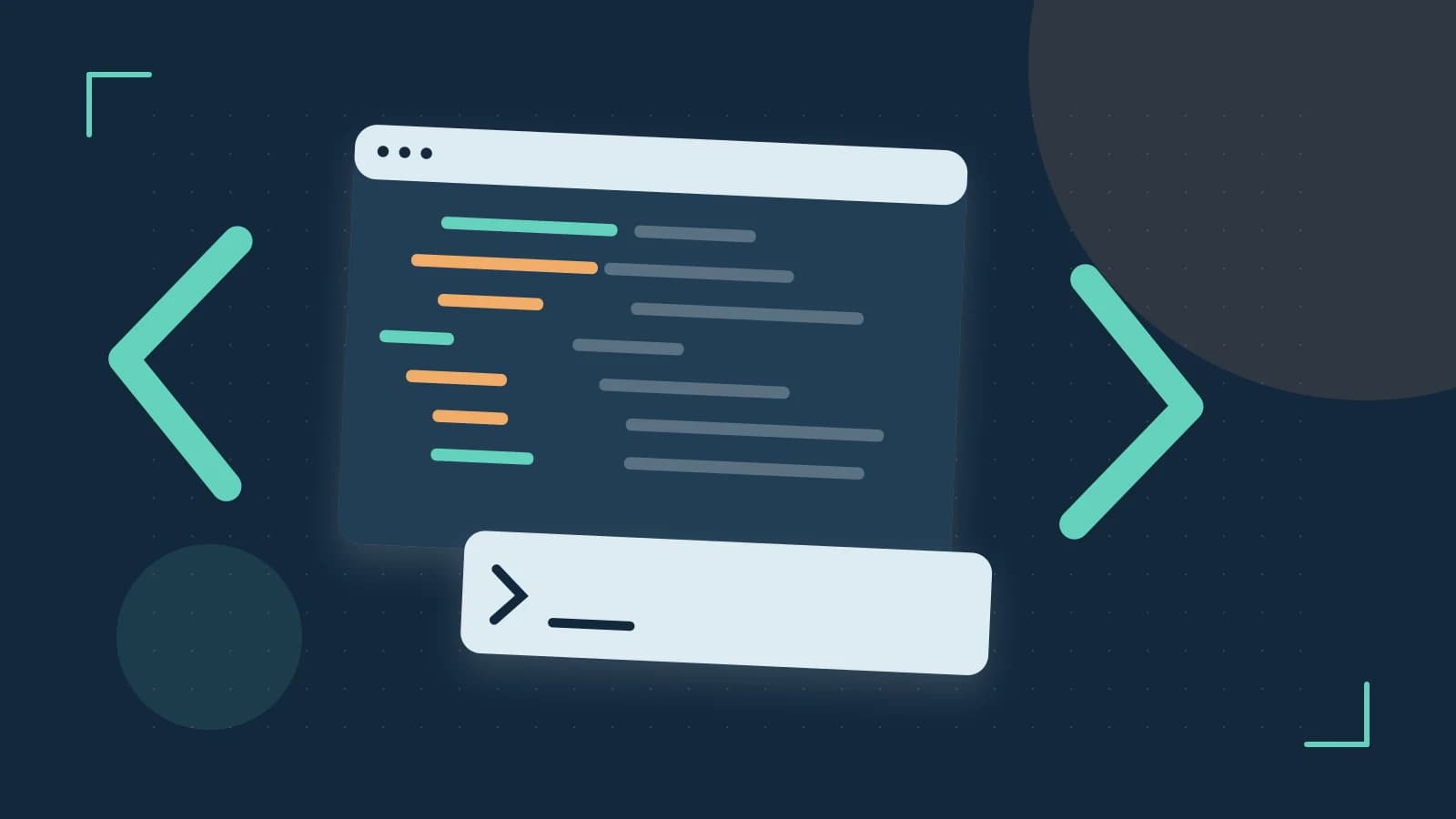 Editorial illustration of an abstract code editor, syntax blocks and oversized programming brackets