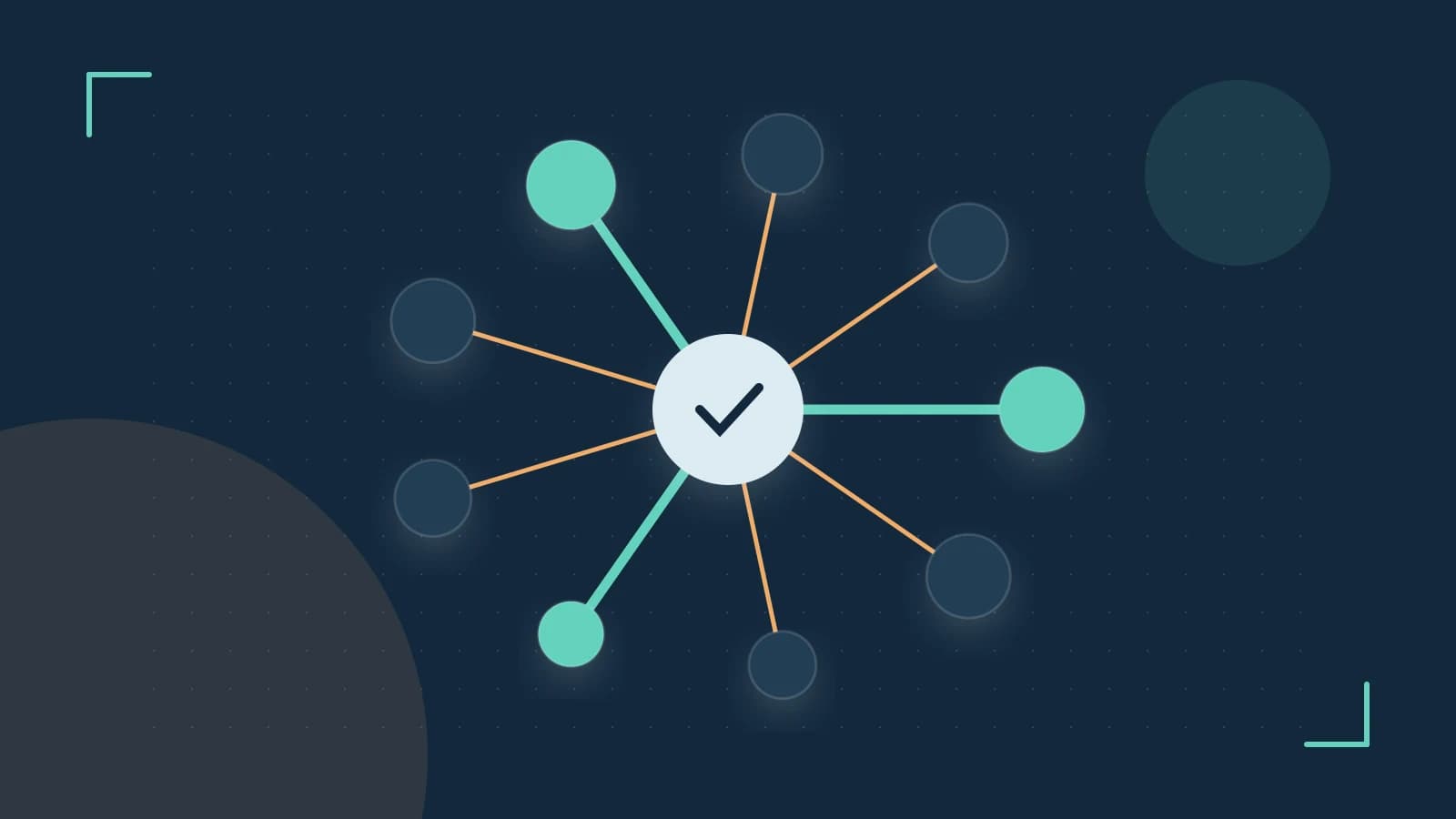 Editorial illustration of an algorithmic node graph with branching paths and a highlighted result