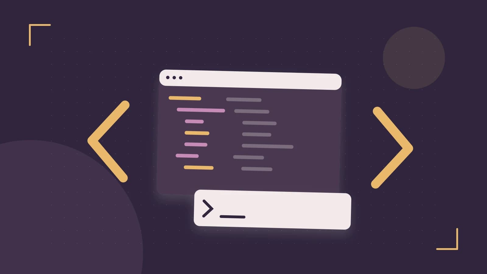 Editorial illustration of an abstract code editor, syntax blocks and oversized programming brackets