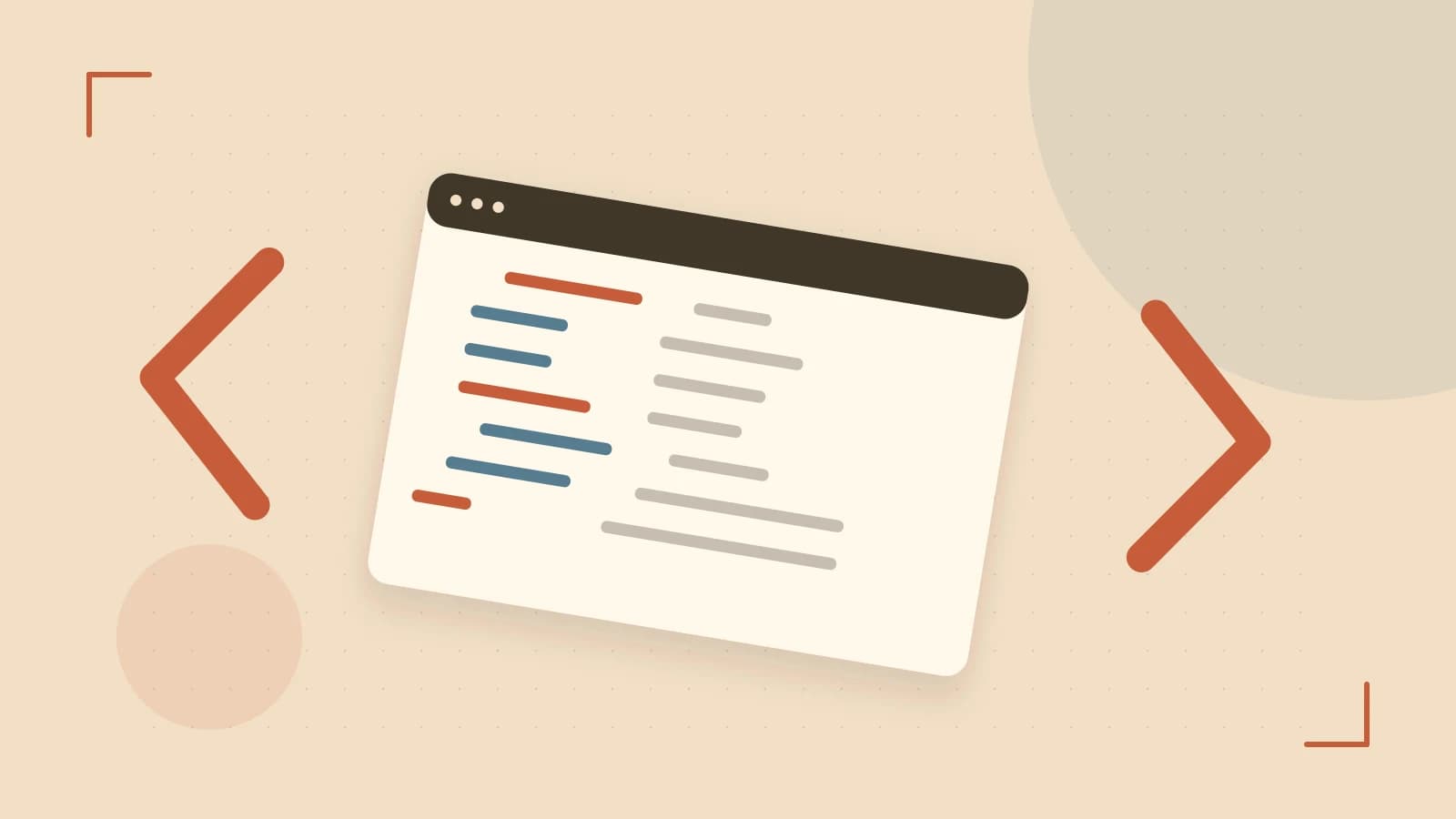 Editorial illustration of an abstract code editor, syntax blocks and oversized programming brackets