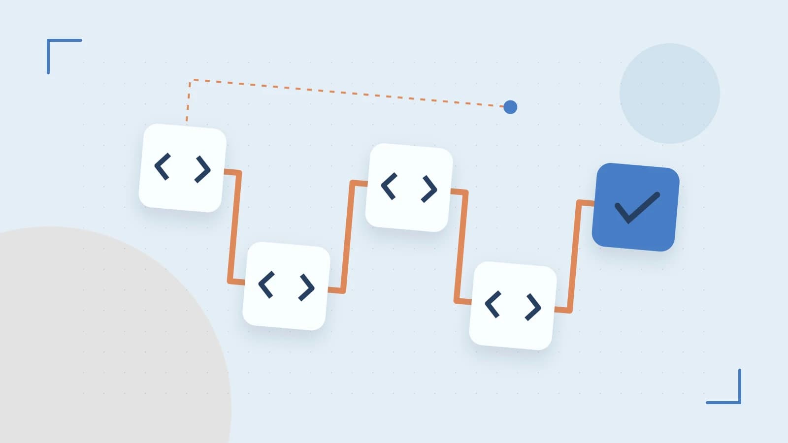 Editorial illustration of a branching build pipeline, staged transformations and a completed check