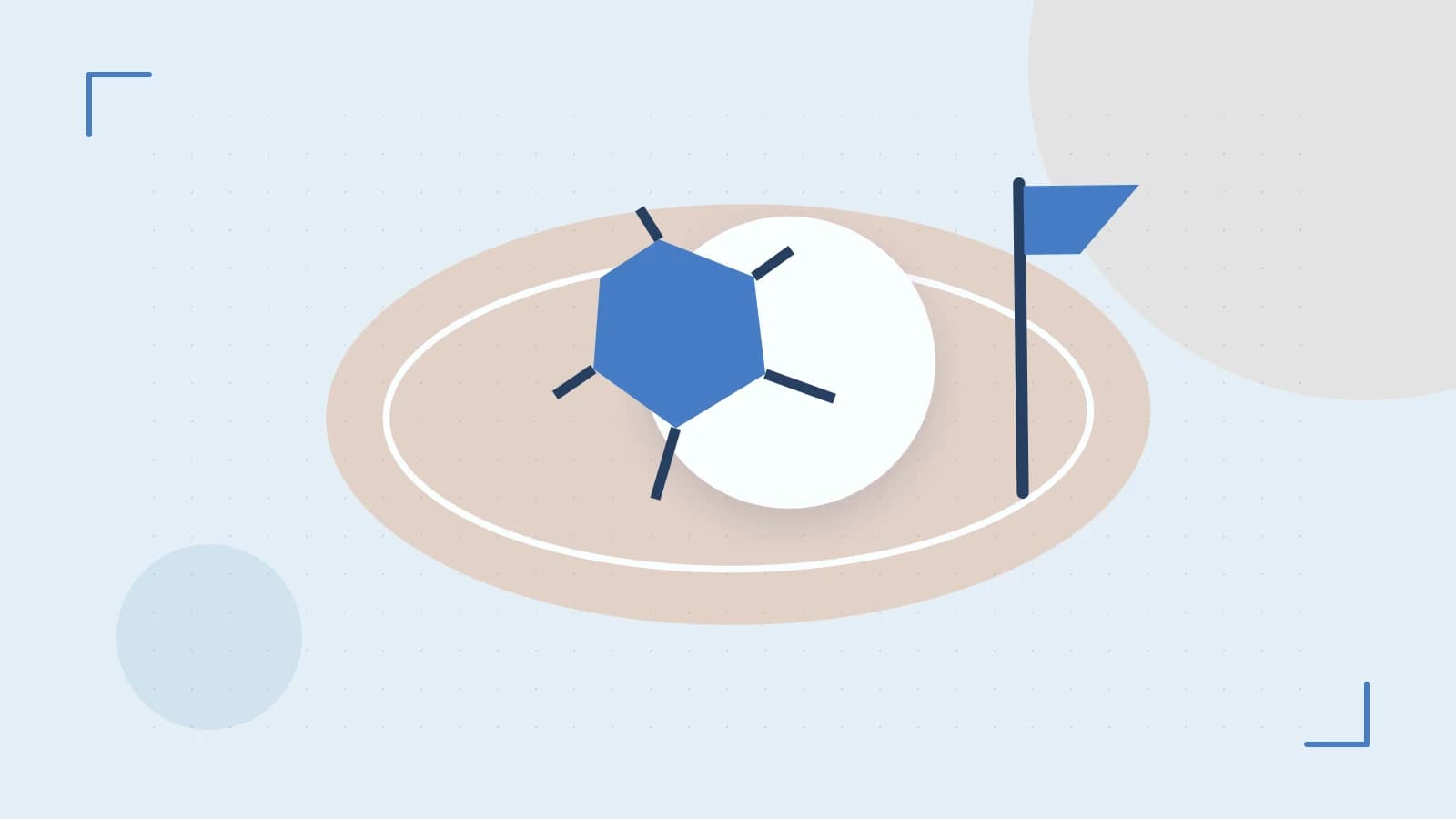 Editorial illustration of a stylized sports ball, stadium geometry and dynamic arcs