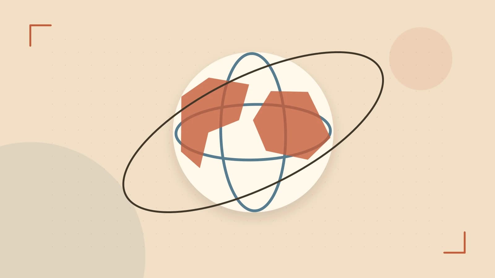 Editorial illustration of an editorial globe with meridians and layered geographic shapes