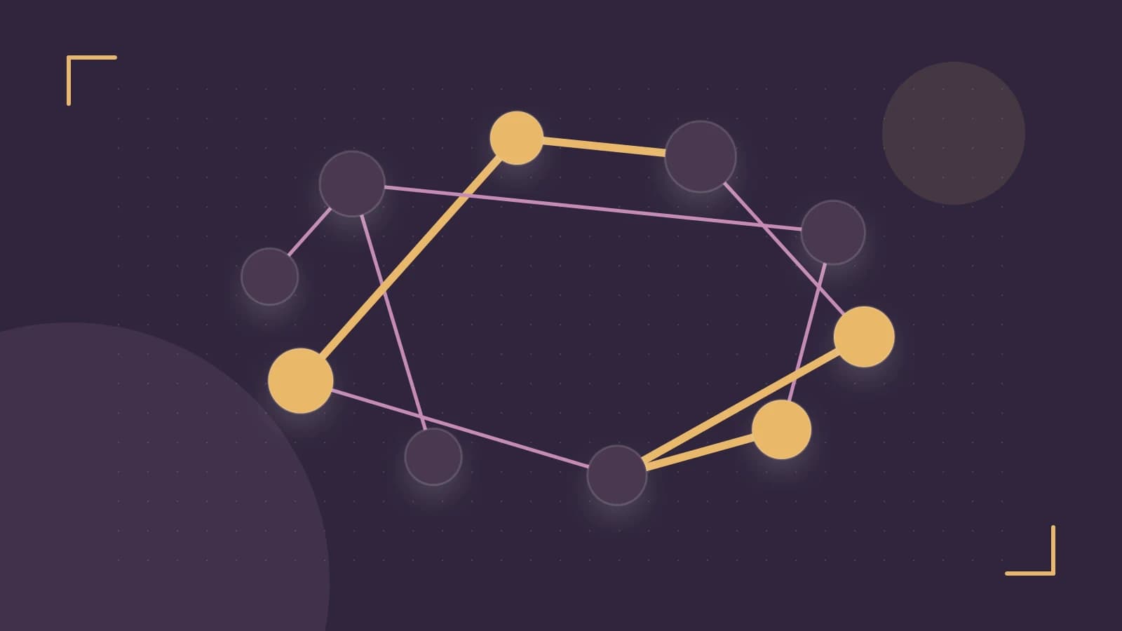 Editorial illustration of an algorithmic node graph with branching paths and a highlighted result