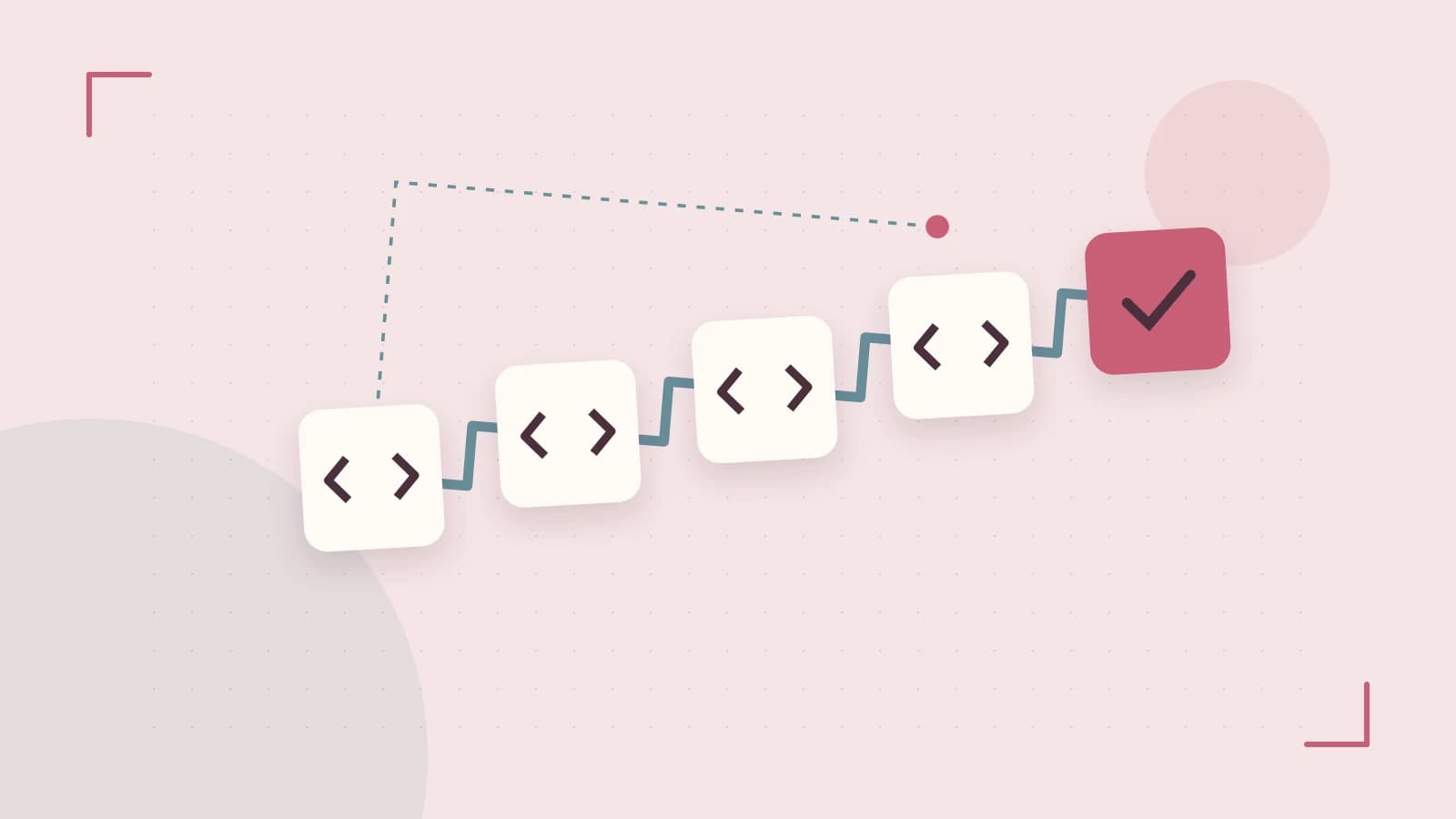 Editorial illustration of a branching build pipeline, staged transformations and a completed check