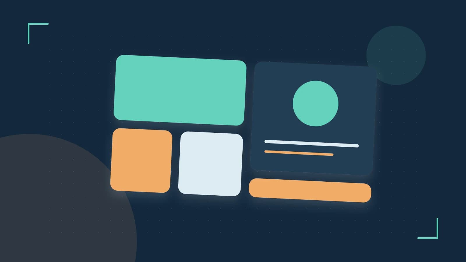 Editorial illustration of responsive browser layouts, overlapping design components and a color system
