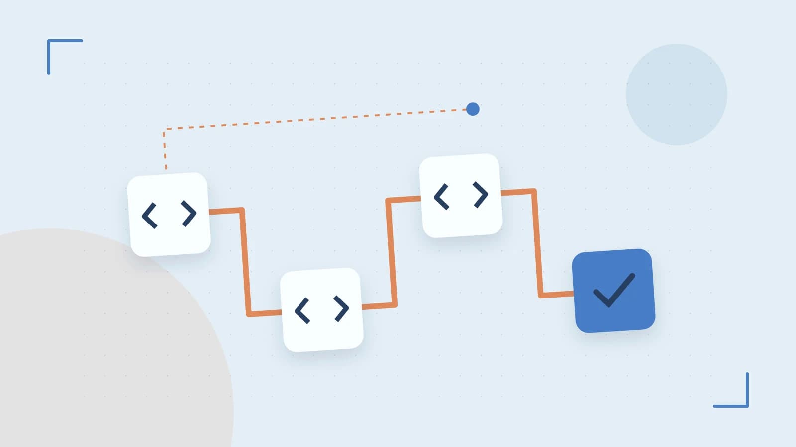 Editorial illustration of a branching build pipeline, staged transformations and a completed check