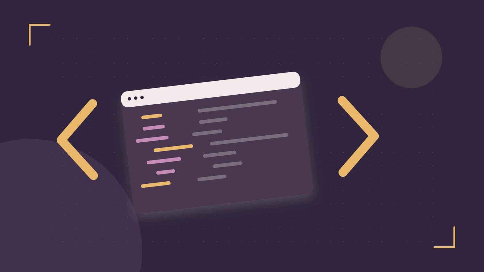 Editorial illustration of an abstract code editor, syntax blocks and oversized programming brackets