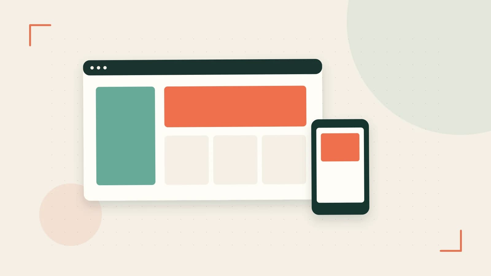 Editorial illustration of responsive browser layouts, overlapping design components and a color system