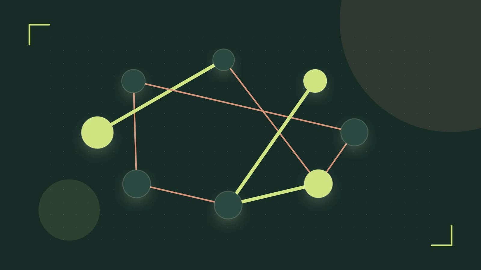 Editorial illustration of an algorithmic node graph with branching paths and a highlighted result
