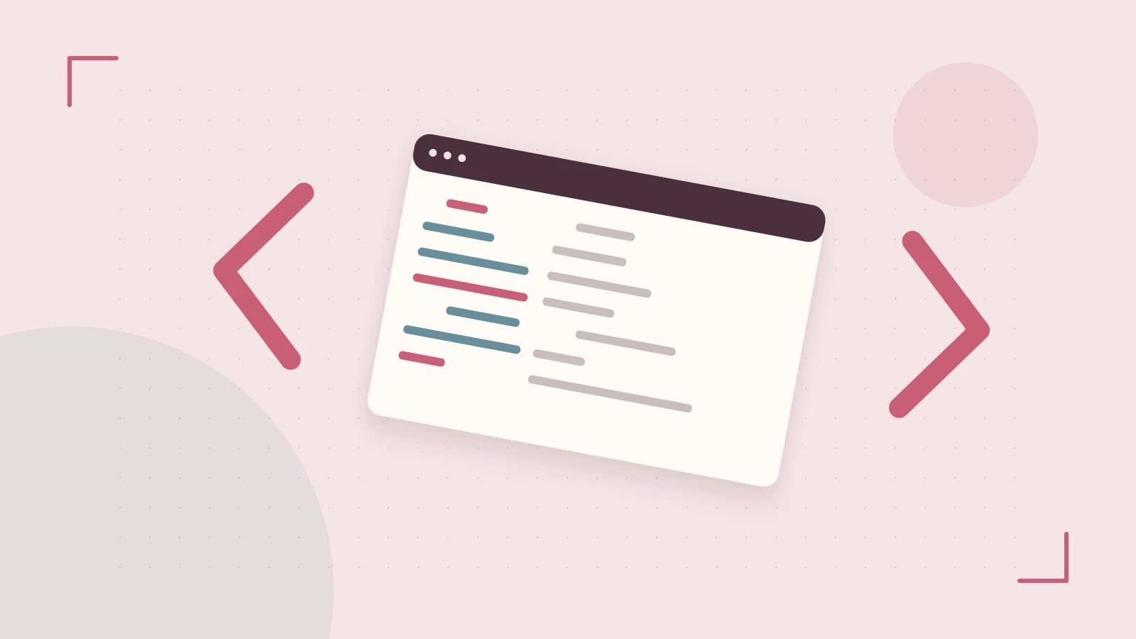 Editorial illustration of an abstract code editor, syntax blocks and oversized programming brackets